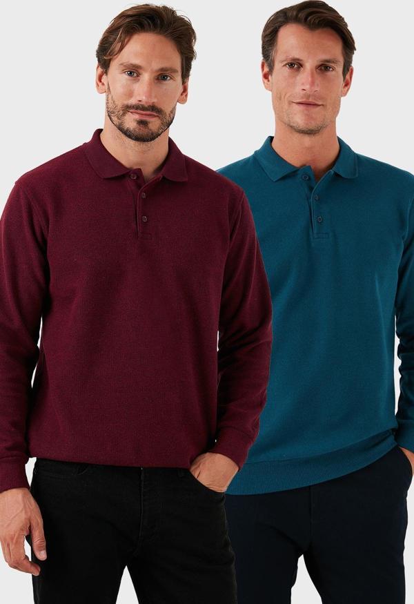 Buratti Pamuk Karışımlı Regular Fit 2'li Paket Erkek Polo Yaka Kazak 456223S2 Mürdüm-Petrol - Image 1