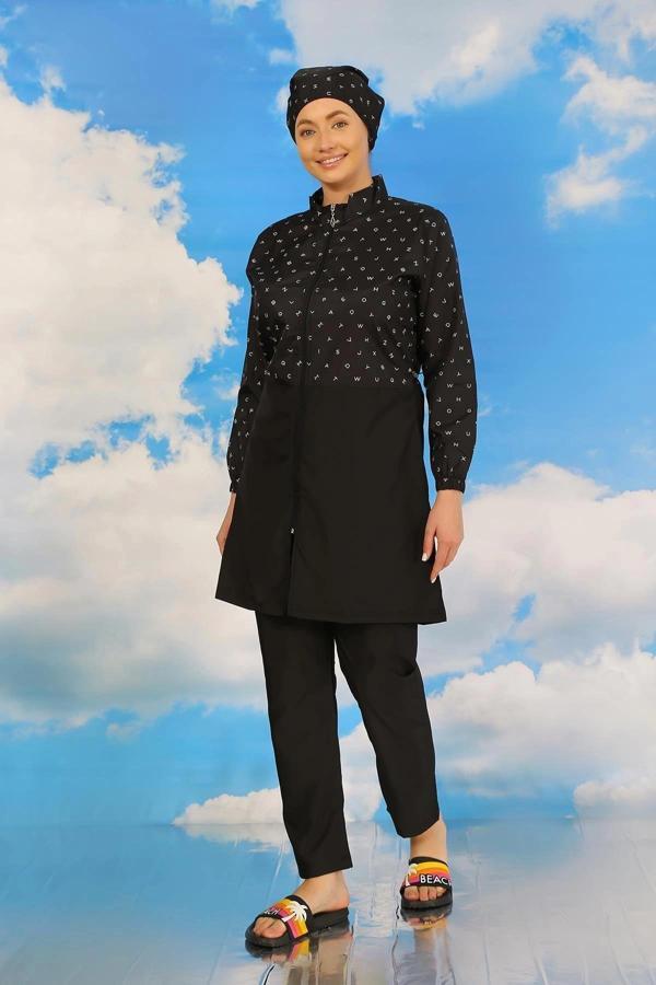 Giyim Kadın Pantolonlu Desenli Tam Tesettür Mayo Siyah - Image 1
