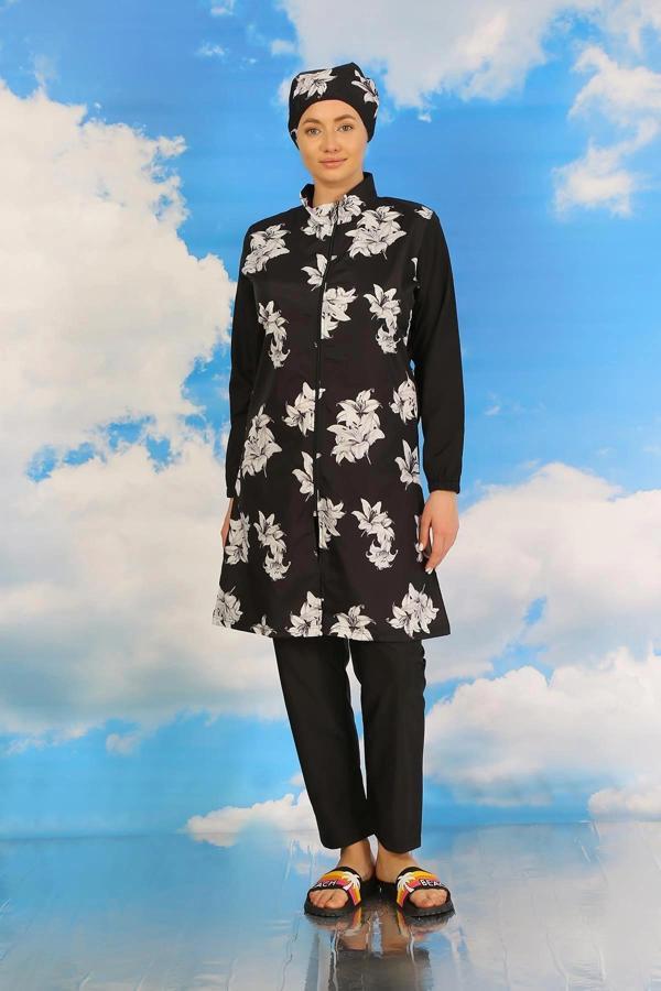 Giyim Kadın Pantolonlu Desenli Tam Tesettür Mayo Siyah - Image 1