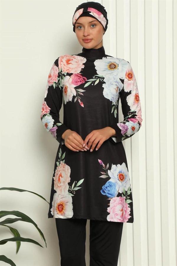 Giyim Tam Tesettür Dijital Desenli Mayo Siyah - Image 1
