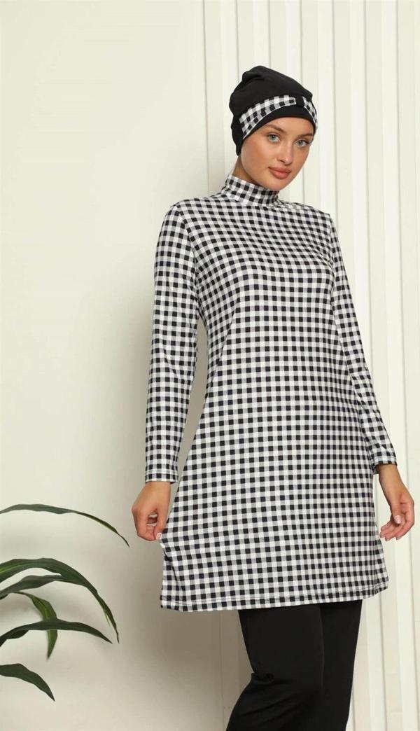 Giyim Tam Tesettür Dijital Desenli Mayo Siyah - Beyaz - Image 1