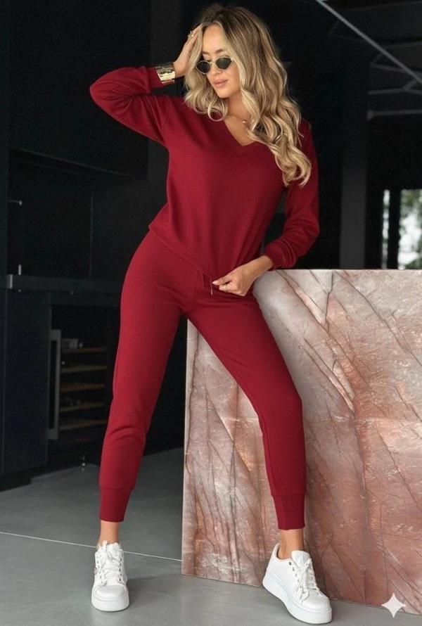 MDB Kadın Uzun Kollu V Yakalı Viskon Iki Iplik Bluz Ve Pantolon Ikili Takım - Image 1