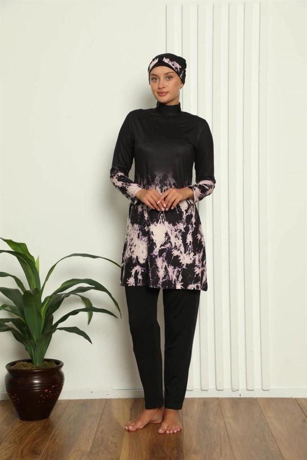Giyim Tam Tesettür Dijital Desenli Mayo Siyah - Image 1