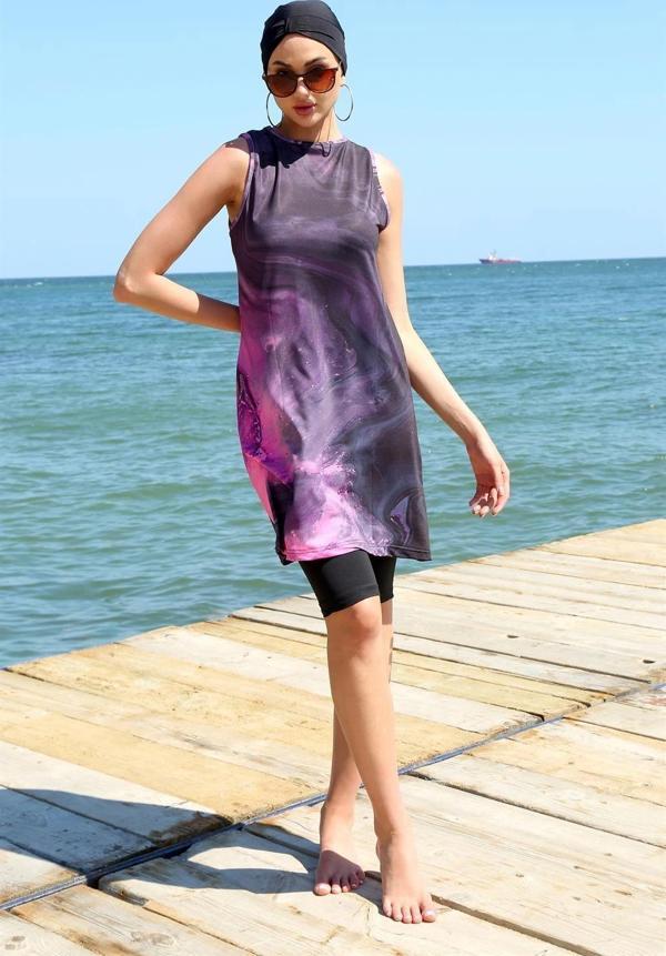 Giyim Sıfır Kol Desenli Yarım Tesettür Mayo Mor - Image 1