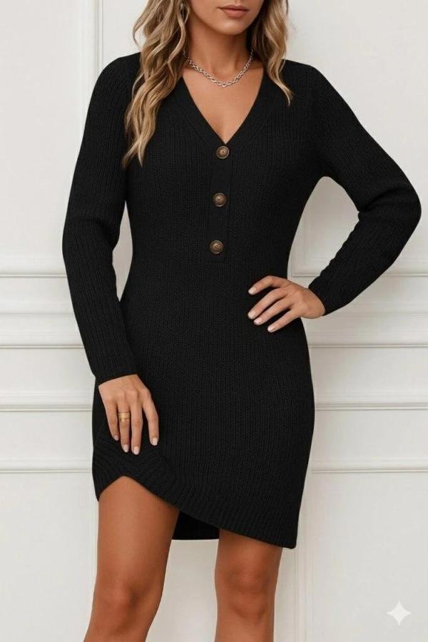 MDB Kadın Uzun Kollu V Yakalı önden Düğmeli Kısa Triko Elbise - Image 1