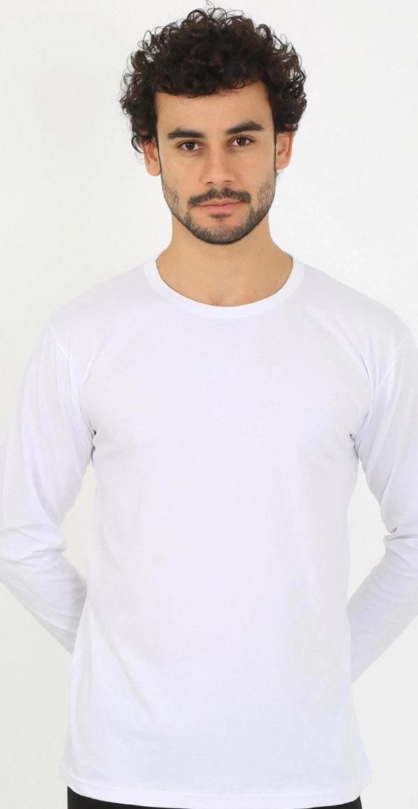 Giyim Erkek Sıfır Yaka Uzun Kol Beyaz Fanila - Image 1