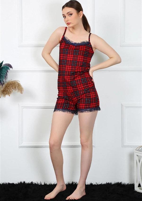 Giyim Kadın İp Askılı Ekoseli Şortlu Takım Kırmızı - Image 1