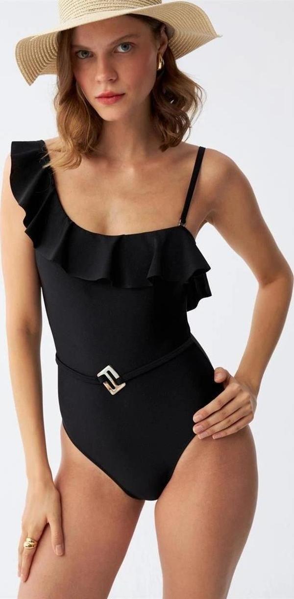 Giyim Kadın Tek Omuz Fırfırlı Mayo Siyah - Image 1