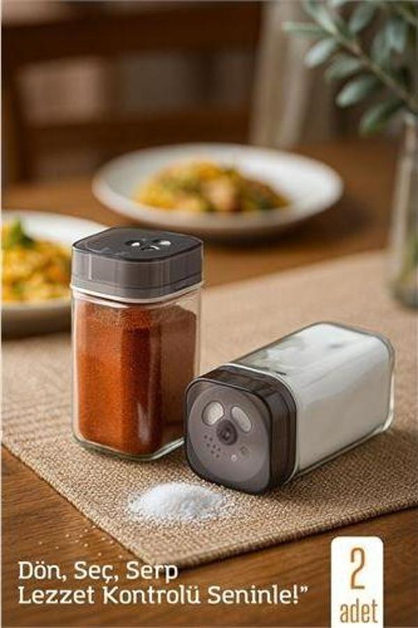 Cam Tuzluk Baharatlık – 360° Döner Kapaklı | 3 Delik Tipiyle Ayarlanabilir Akış   2 ADET - Image 1