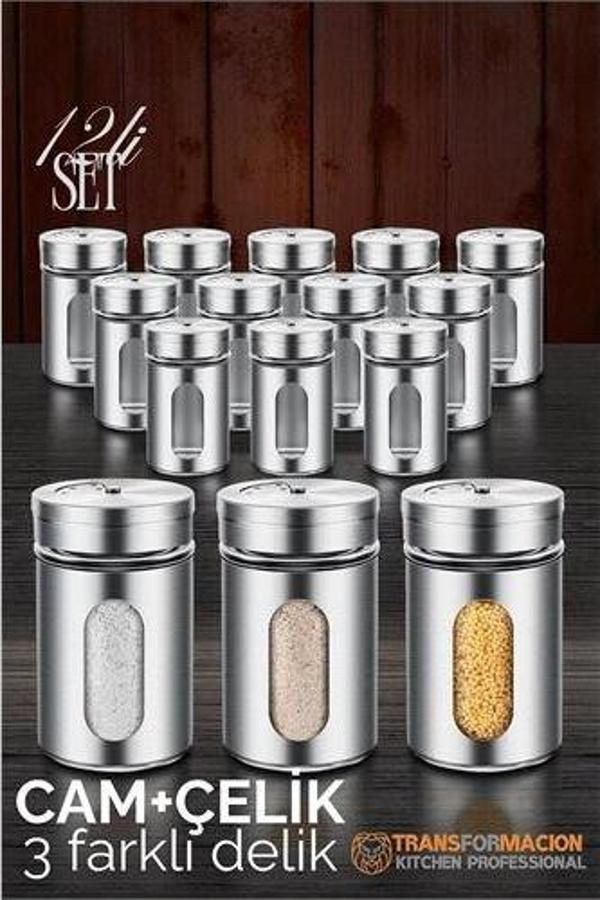 Cam+Çelik Tuzluk Biberlik Karabiberlik 3 Farklı Delikli 12'li SET - Image 1