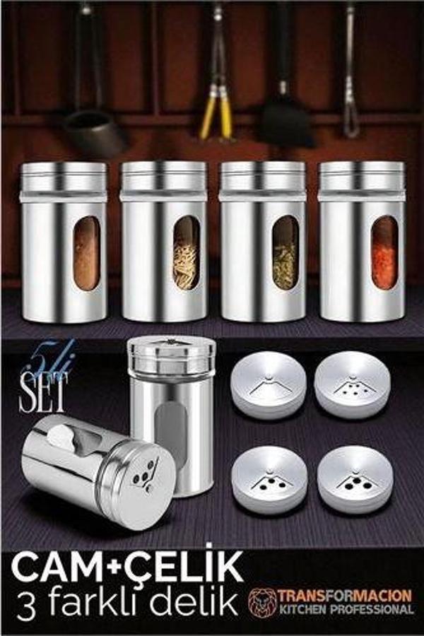 Cam+Çelik Tuzluk Biberlik Karabiberlik 3 Farklı Delikli 5'li SET - Image 1