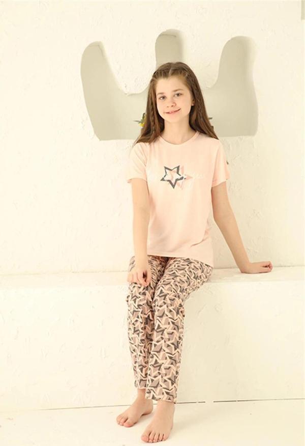 Giyim Kız Çocuk Pamuk Kısa Kollu Pijama Takımı Somon - Image 1