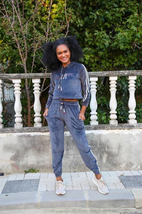 Giyim Kadın Kadife Kapşonlu Eşofman Takım Gri - Image 1