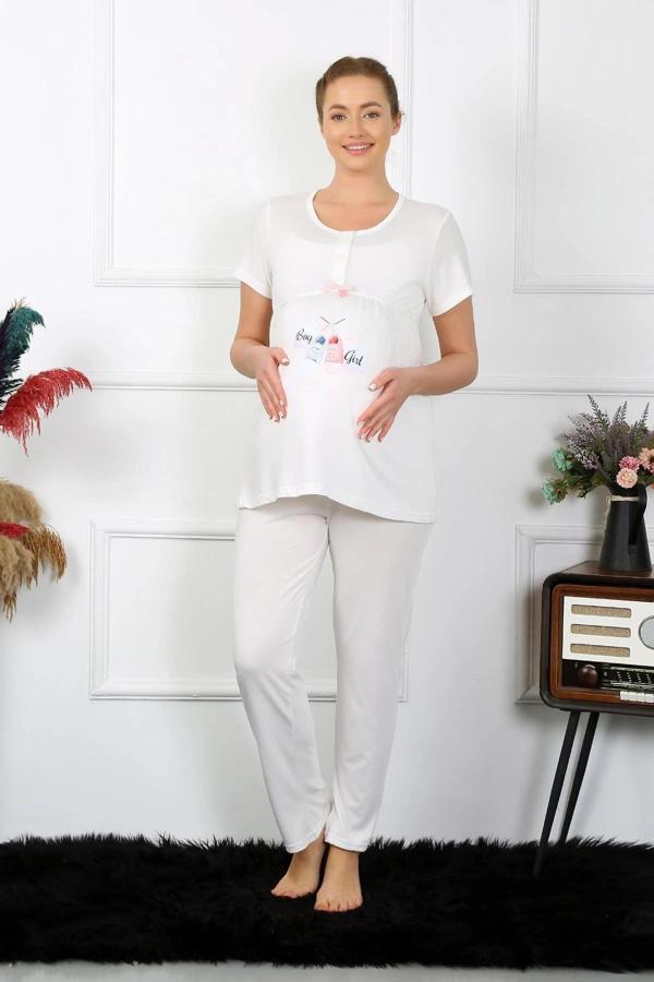 Giyim Kadın Kısa Kol Hamile Lohusa Pijama Takımı Ekru - Image 1