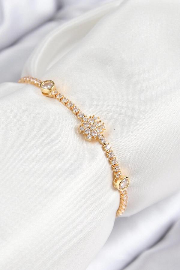 Pirinç Zirkon Taşlı Kar Tanesi Model Gold Renk Asansörlü Kadın Bileklik - Image 1
