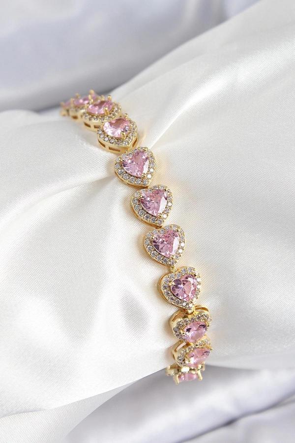 Pirinç Zirkon Taşlı Pembe Kalp Baget Model Gold Renk VIP Seri Kadın Bileklik - Image 1