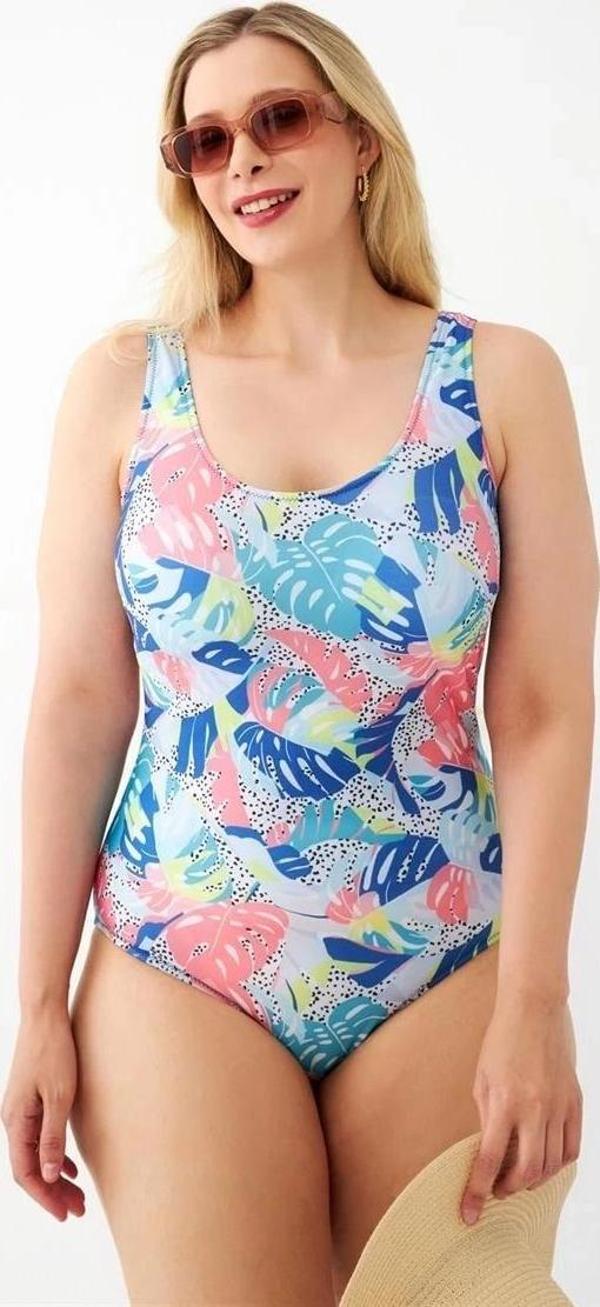 Giyim Kadın Renkli Tropikal Desenli Büyük Beden Tek Parça Mayo - Image 1