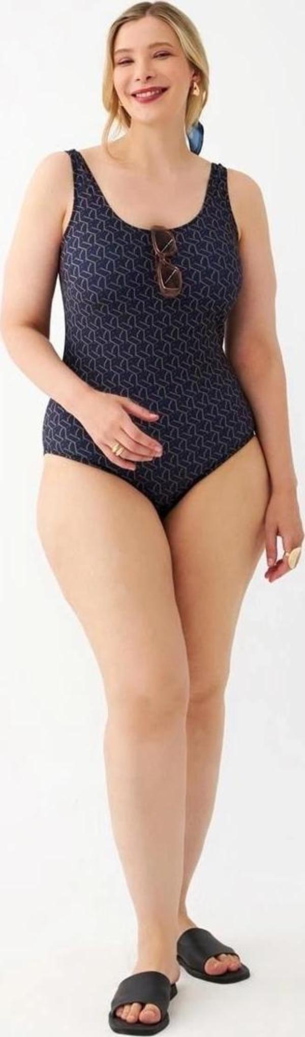 Giyim Kadın Lacivert Geometrik Desenli Büyük Beden Tek Parça Mayo - Image 1