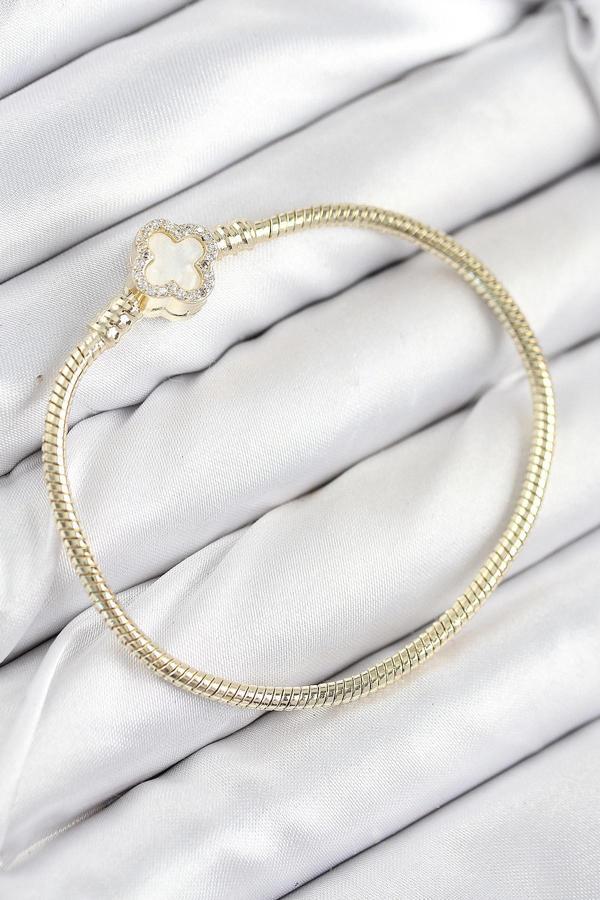 Pirinç Charm Zirkon Taşlı Yonca Model Gold Renk Kadın Bileklik - Image 1