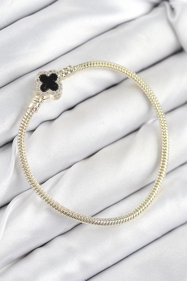 Pirinç Charm Zirkon Taşlı Yonca Model Gold Renk Kadın Bileklik - Image 1