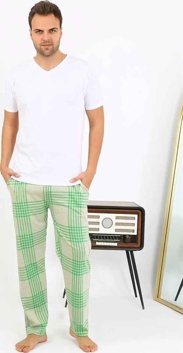 Giyim Erkek Ekoseli Desen Penye Tek Alt Pijama Yeşil - Image 1