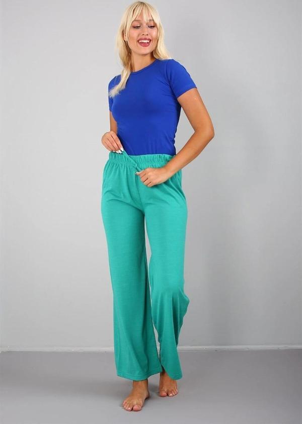 Giyim Bayan Penye Bol Paça Pantolon Yeşil - Image 1