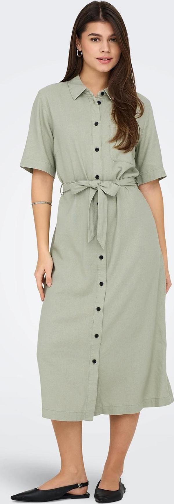 Only Onlcaro Keten Karışımlı Regular Fit Düğmeli Kemerli Midi Bayan Elbise 15338884 AÇIK YEŞİL - Image 1