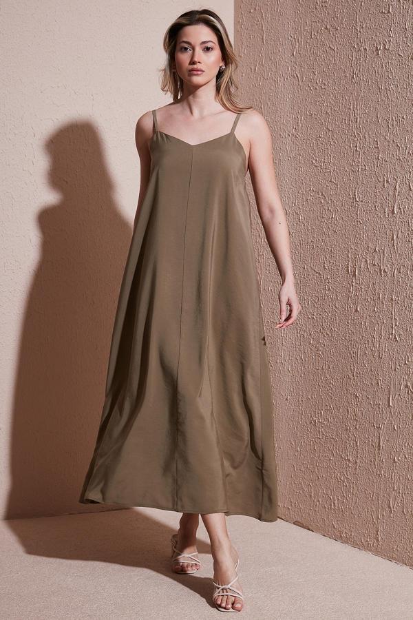 Fashion Friends Modal Karışımlı Standart Fit Midi Boy Askılı Bayan Elbise 25Y0501K1 HAKİ - Image 1