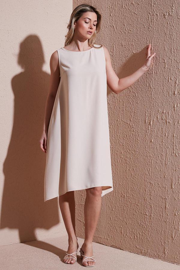 Fashion Friends Regular Fit Bisiklet Yaka Kolsuz Volanlı Bayan Elbise 25Y0630K1 BEJ - Image 1