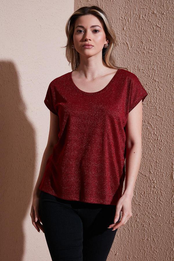 Fashion Friends Standart Fit Yuvarlak Yaka Simli Bayan Bluz 25Y0202K1 PEMBE - Image 1