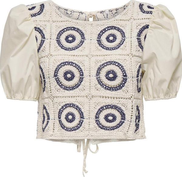 Only Onlcharis Pamuklu İşlemeli Regular Fit Balon Kol Bayan Top 15346915 BEYAZ-LACİVERT - Image 1