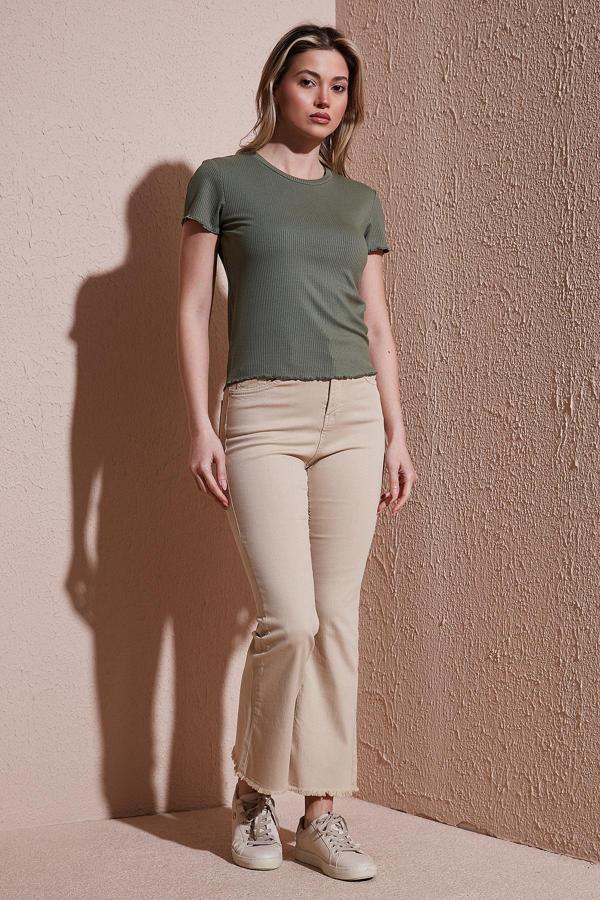 Fashion Friends Streç Pamuklu Flare Fit Yüksek Bel İspanyol Paça Bayan Pantolon 25Y0294K1 BEJ - Image 1