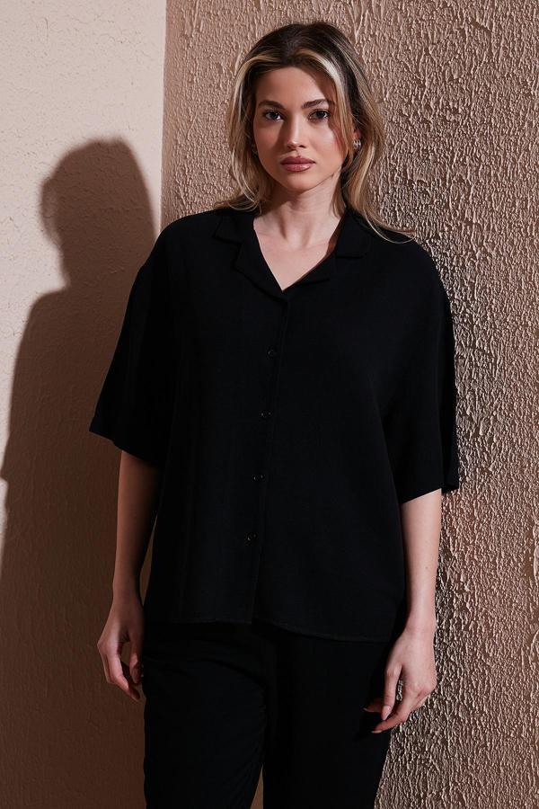 Fashion Friends Keten Karışımlı Standart Fit Kısa Kollu Bayan Gömlek 25Y0605K1 SİYAH - Image 1