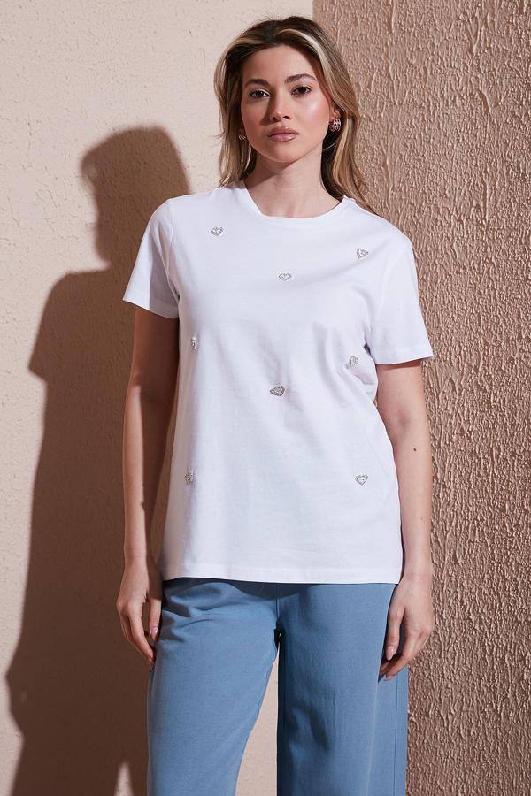 Fashion Friends Taşlı % 100 Pamuk Regular Fit Bisiklet Yaka Bayan Bluz 25Y0414K1 BEYAZ - Image 1