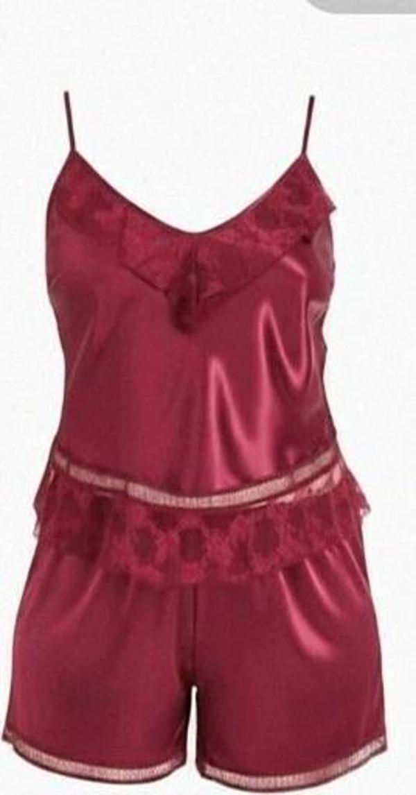 Bicomi Büyük Beden Bordo Saten Babydoll Şort Takımı - Image 1