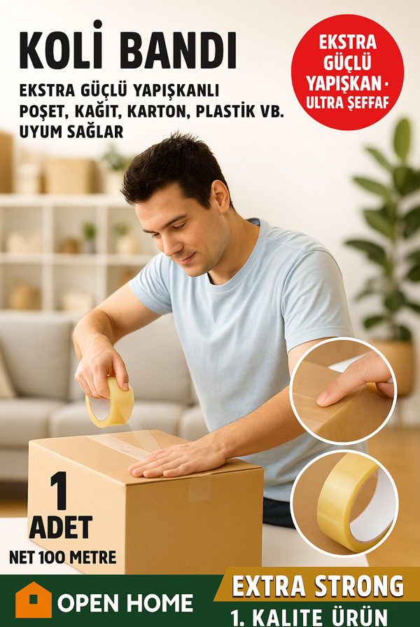 Open Home 100 Metre Şeffaf Koli Bandı – Extra Strong 40 Micron Kalınlık, Güçlü Yapışkan - Image 1