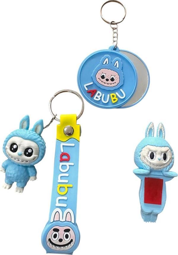 Buki'Nin Atölyesi Labubu 3 Lü Set (6 Cm Bebek Anahtarlık, Ayna, Telefon Aksesuarı) Mavi - Image 1
