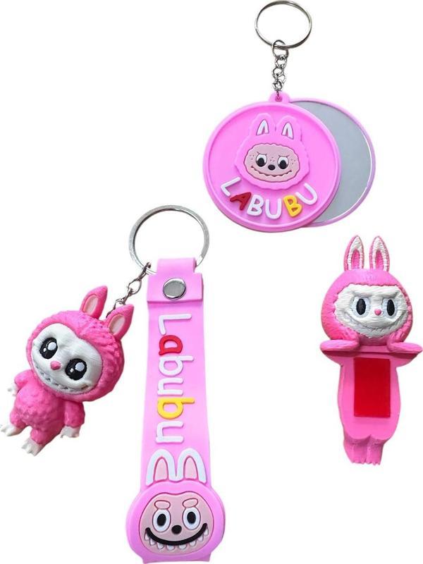 Buki'Nin Atölyesi Labubu 3 Lü Set (6 Cm Bebek Anahtarlık, Ayna, Telefon Aksesuarı) Pembe - Image 1