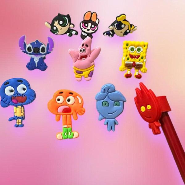 Buki'Nin Atölyesi Kalem Başlığı Süsü Figürlü 10 Lu Set Powerpuff Girls Stitch Sünger Bob Gumbell Su Ve Ateş - Image 1