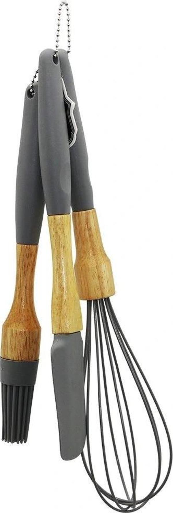 3 Pcs Silikon Çırpıcı - Fırça - Spatula Seti Ahşap Bambu Sap - Silikon Kılıflı - Image 1