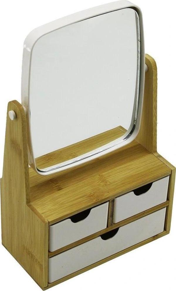 3 Çekmeceli Bambu Ahşap Standlı=9x9.5x18x21.5cm Makyaj Aynası=15x18cm Takılık 2+1 Organizer - Image 1