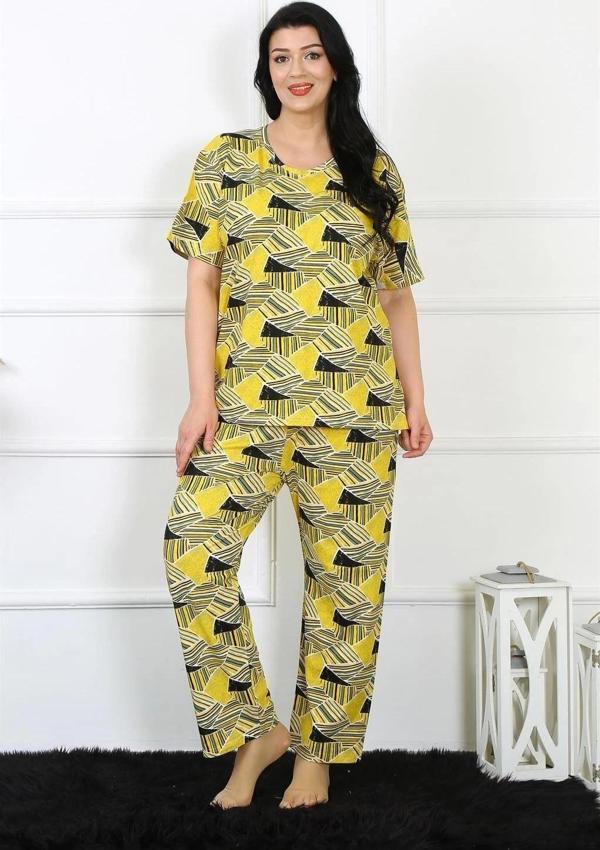 Giyim Kadın 5XL-6XL-7XL-8XL Büyük Beden Kısa Kol Pijama Takım Sarı - Image 1