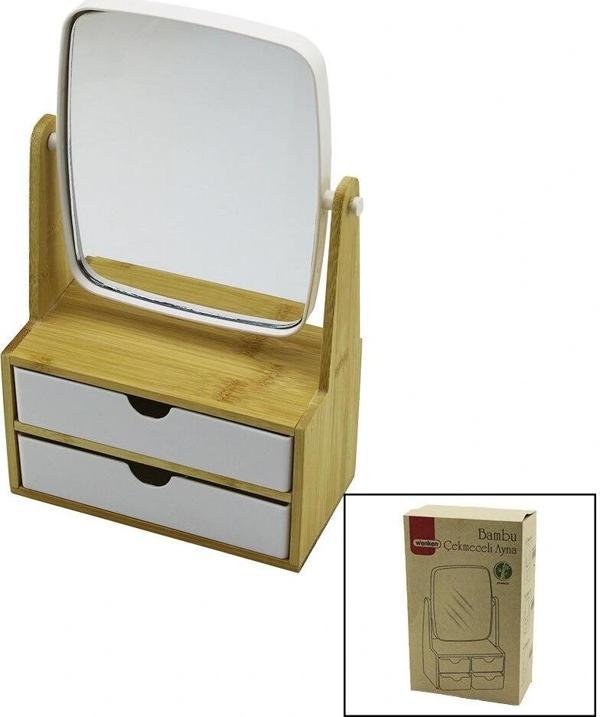 2 Çekmeceli Bambu Ahşap Standlı=9x9.9x17.8x21.5cm Makyaj Aynası=15x18cm Takılık 1+1 Organizer - Image 1