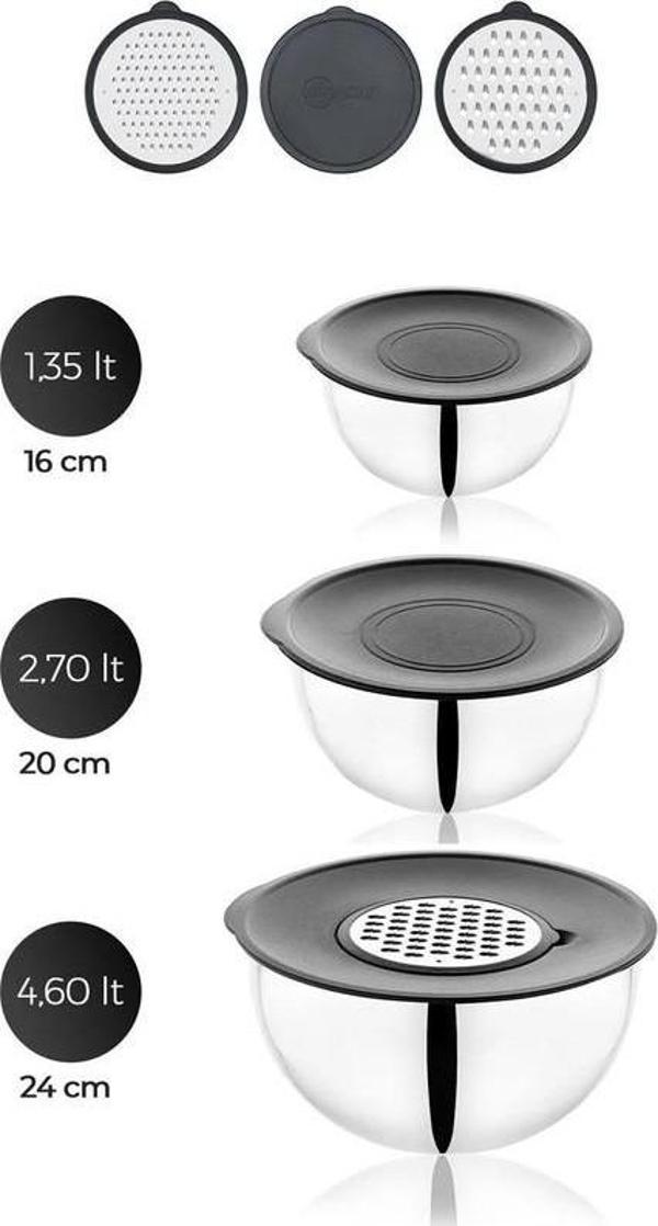 acar Karat Çelik 9 Parça Rendeli Karıştırma Kabı - 16/20/24 cm - Image 1