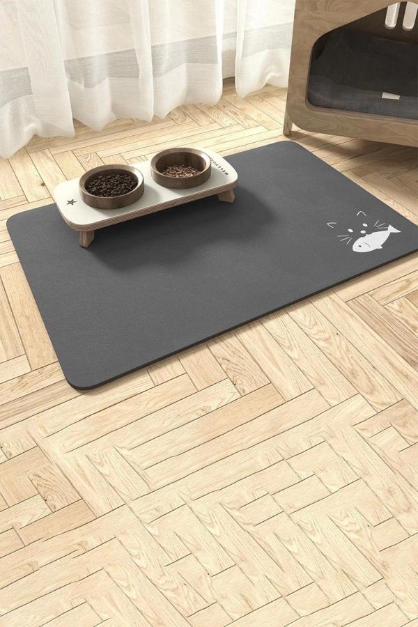 MAtGo Pati Beslenme Matı Balık Figürlü Su Geçirmez Kaymaz Gri Kedi Köpek Mama Paspası 50x70cm - Image 1