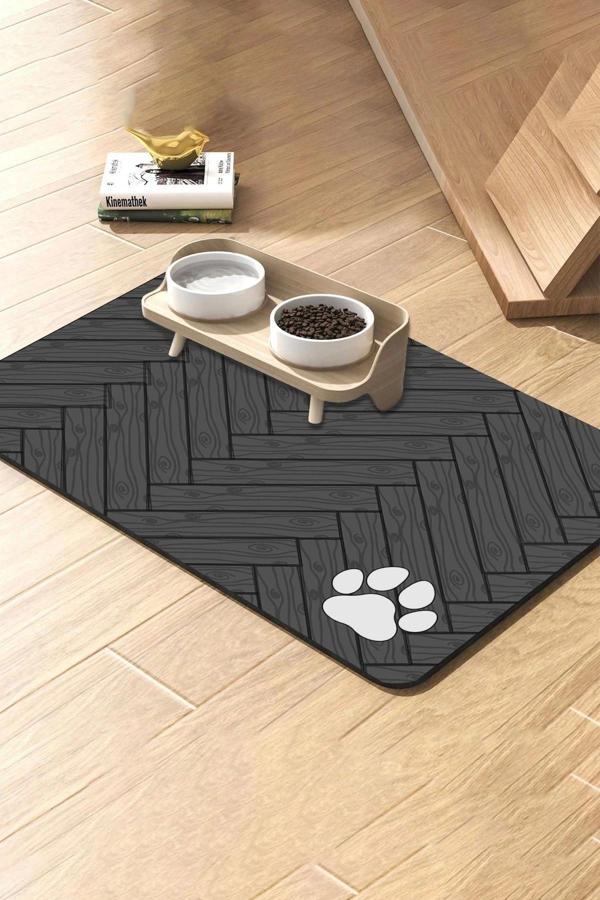 MAtGo Pati Parke Desenli Gri Renk Beslenme Matı Kaymaz Sıvı Geçirmez Kedi Köpek Mama Paspası 50x70cm - Image 1