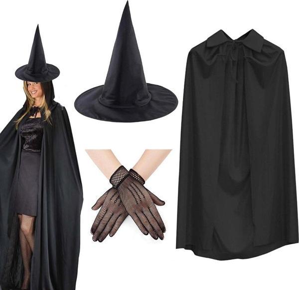 Büro Ev Ofis Gösteri Kostümü için 3PARÇA 1ÇİFT Kısa Eldiven Şapka 120CM Pelerin Cadı Seti - Image 1