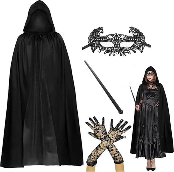 Büro Ev Ofis Etkinliği için Siyah 120CM Kapşonlu Pelerin Asa Dantel Maske Eldiven Seti - Image 1