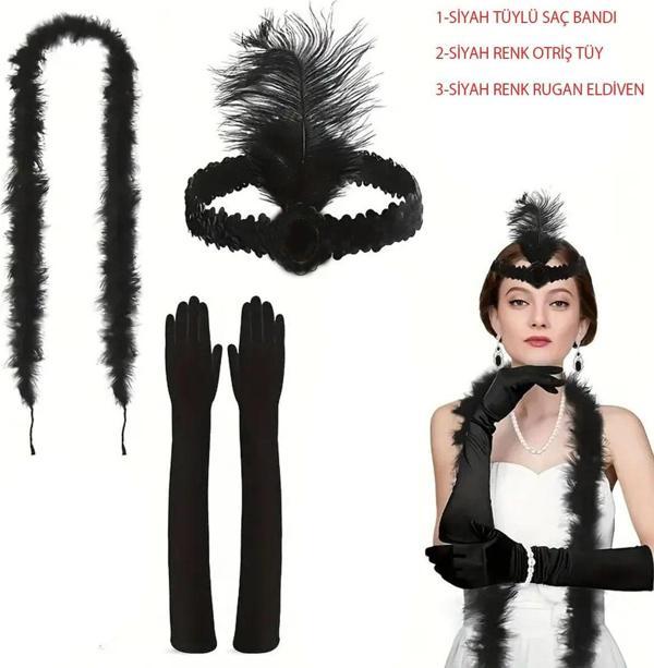 Büro Ev Ofis Gösteri Kostümü için Retro Siyah Tüylü Saç Bandı Rugan Eldiven Otri̇ş Seti - Image 1