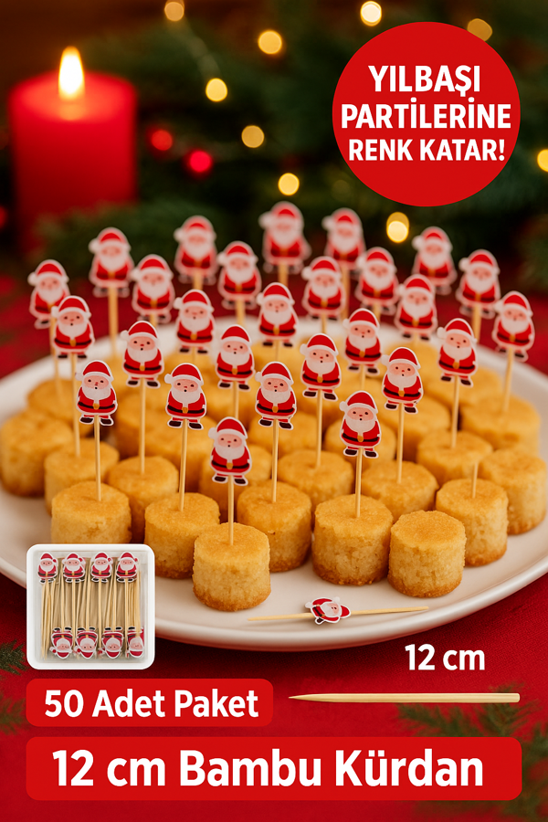 50’li Noel Baba Figürlü 12 cm Bambu Kürdan • Yılbaşı Sunum ve Parti Süsleme Seti - Image 1